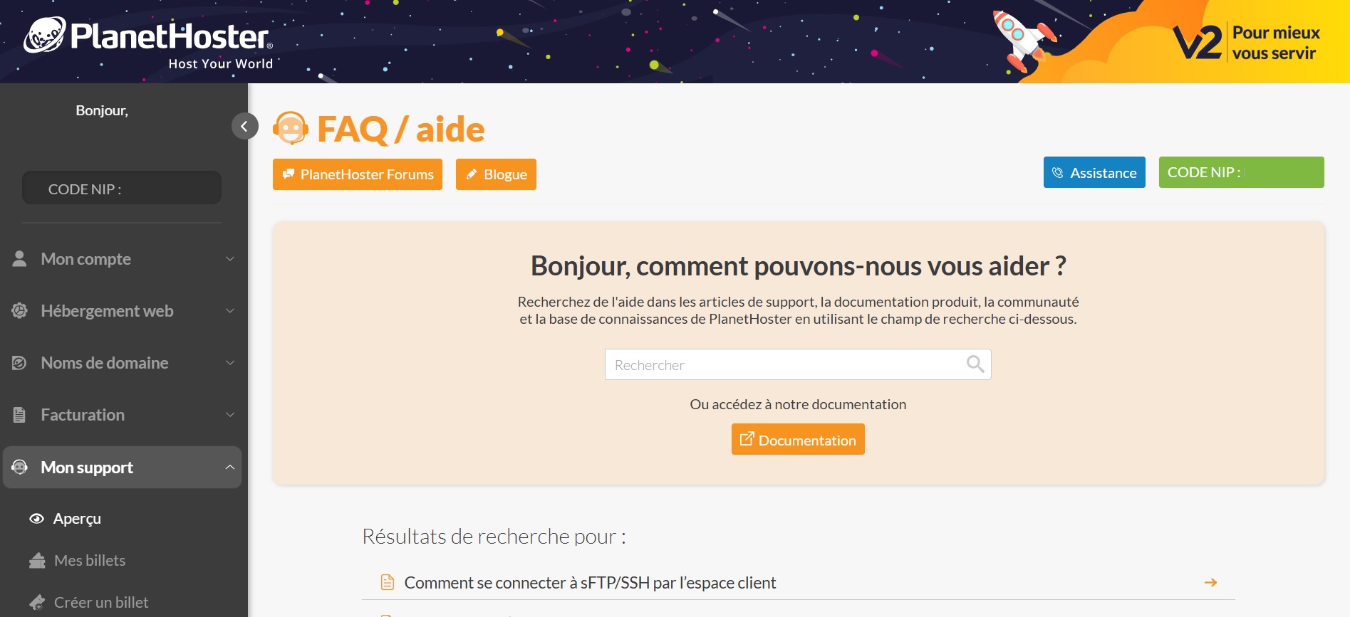 Page FAQ du dashboard client PlanetHoster