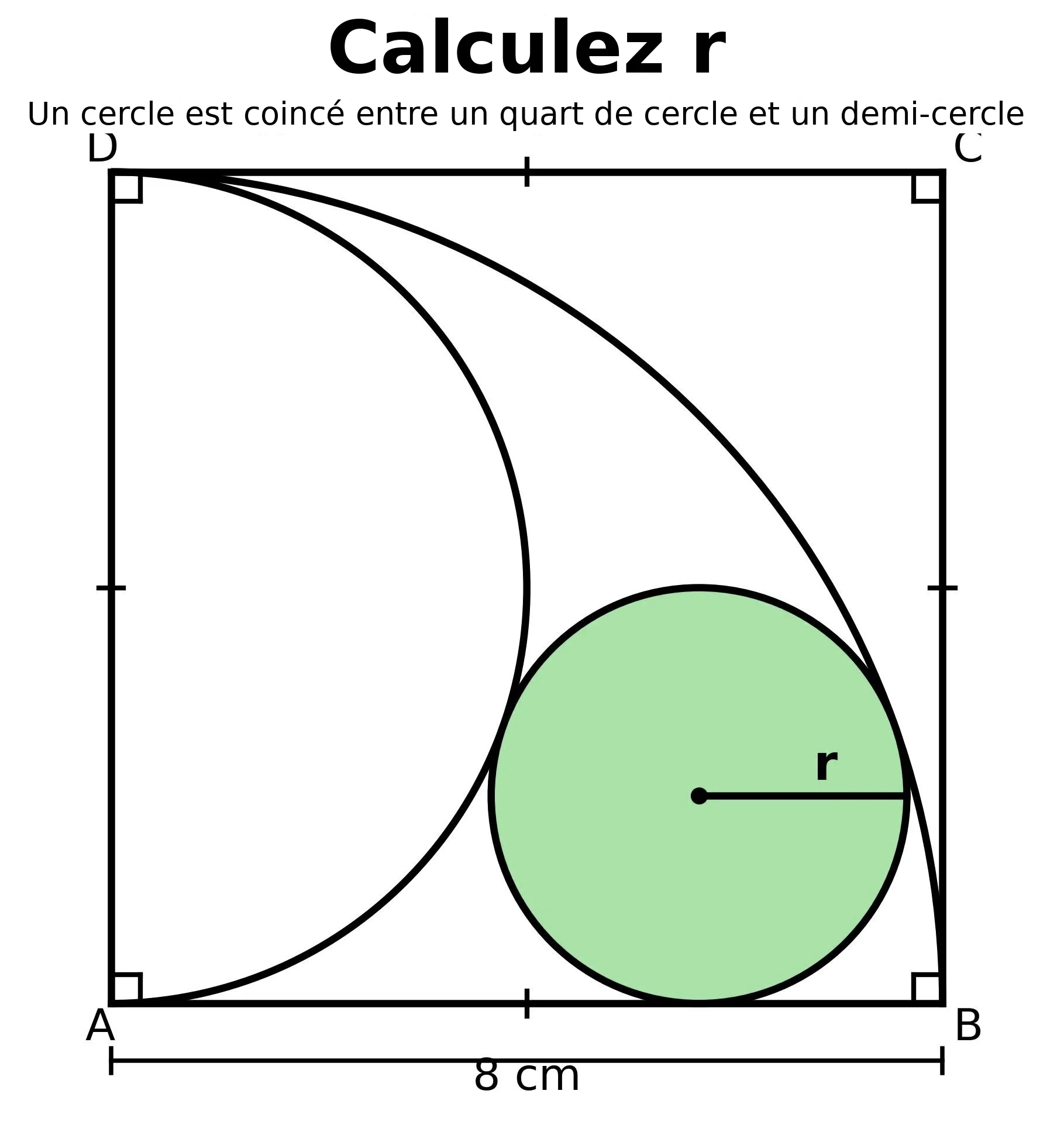 Cercle de rayon r coincé entre un quart de cercle et un demi-cercle dans un carré de 8 cm
