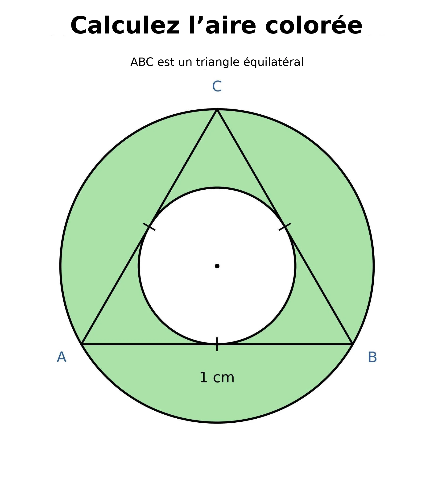 Triangle équilatéral de côté 1 cm entre un cercle inscrit et un cercle circonscrit
