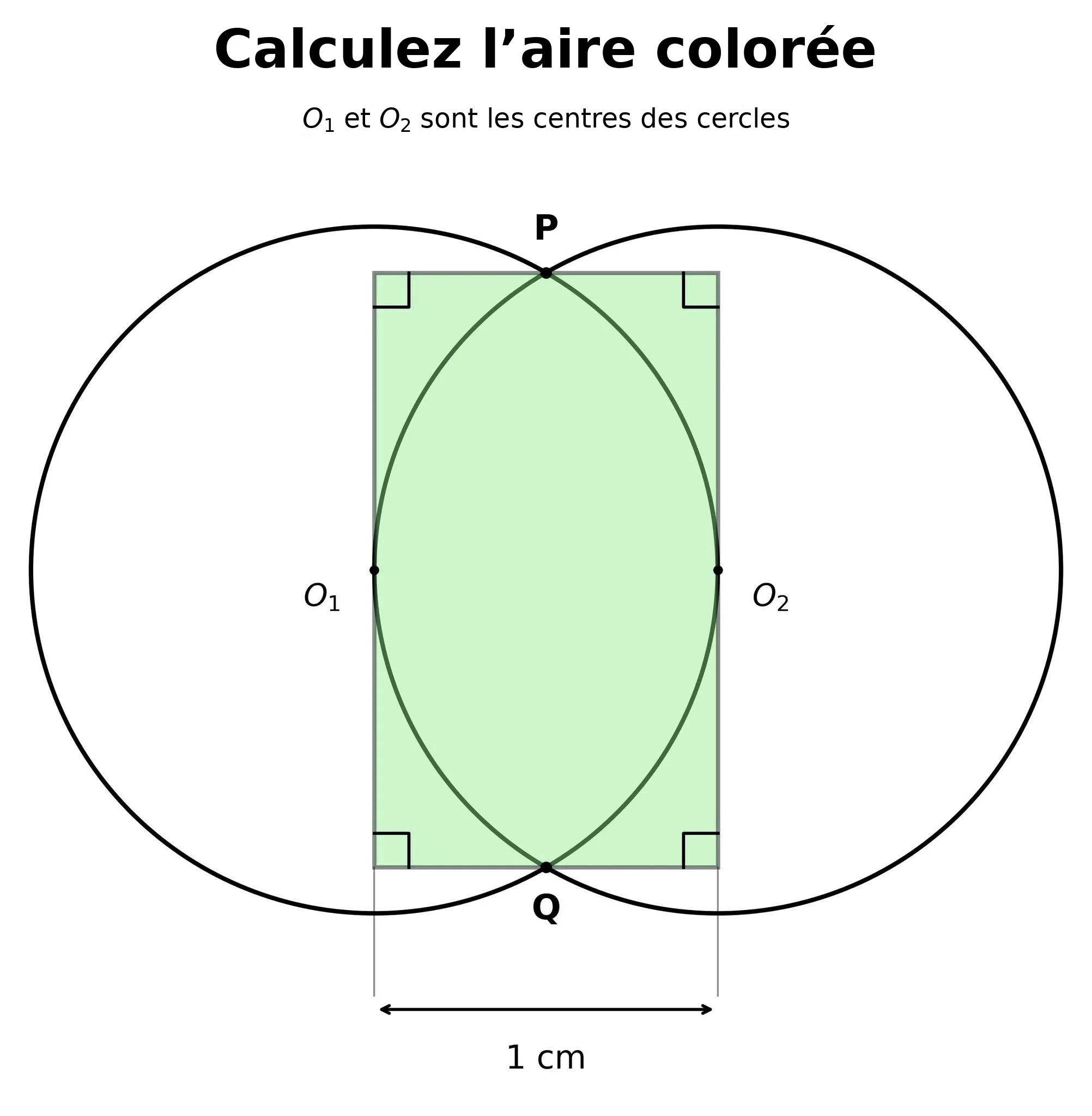Rectangle coloré entre deux cercles de centres O1 et O2 distants de 1 cm