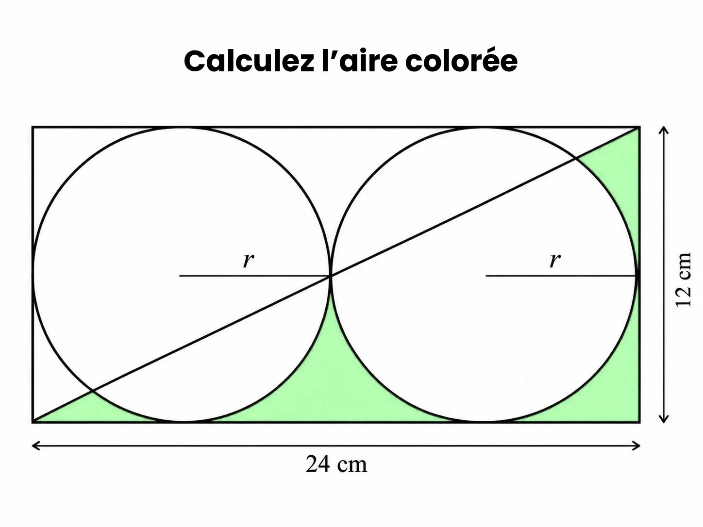 Deux cercles dans un rectangle de 24 cm sur 12 cm coupé par une diagonale