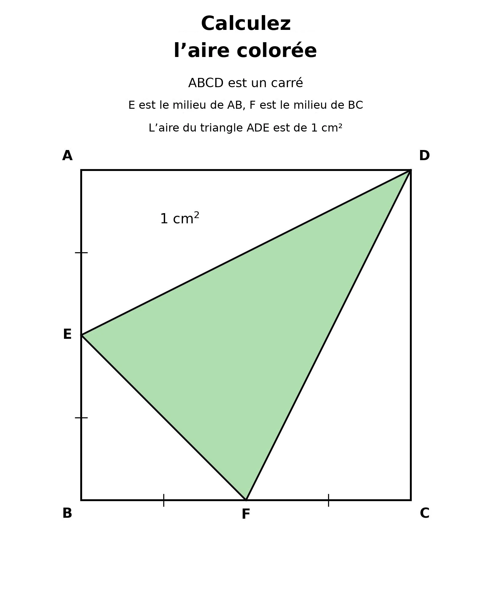 Triangle DEF dans un carré ABCD, le triangle ADE mesurant 1 cm²