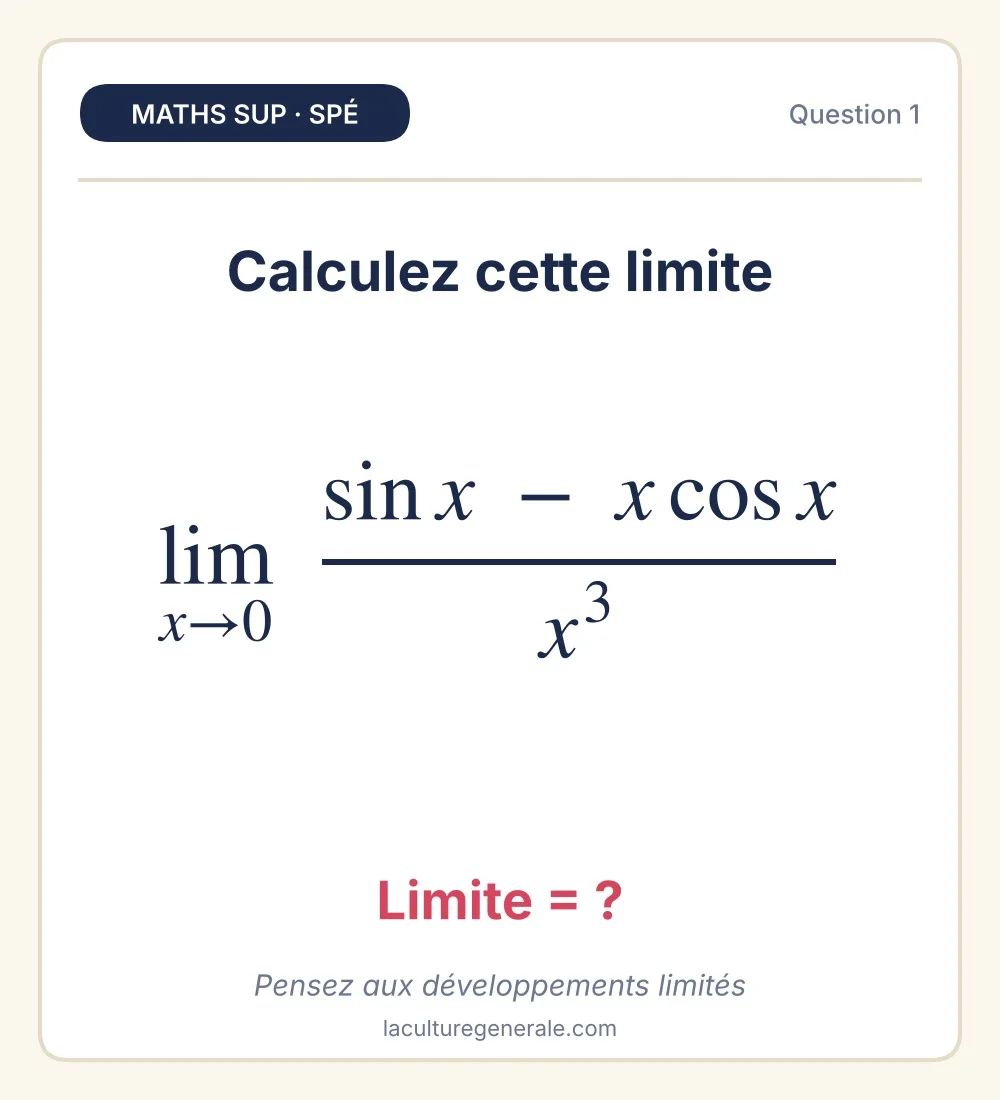 Limite en 0 de (sin x - x cos x) divisé par x au cube