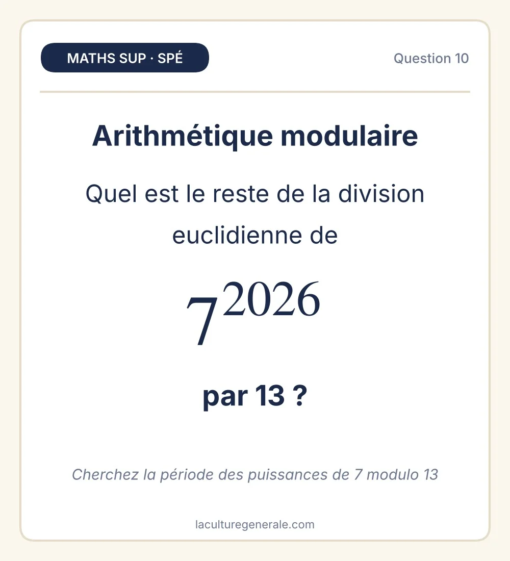 Reste de la division euclidienne de 7 puissance 2026 par 13
