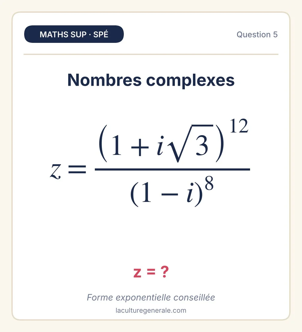 Nombre complexe z égal à (1 + i racine de 3) puissance 12 divisé par (1 - i) puissance 8