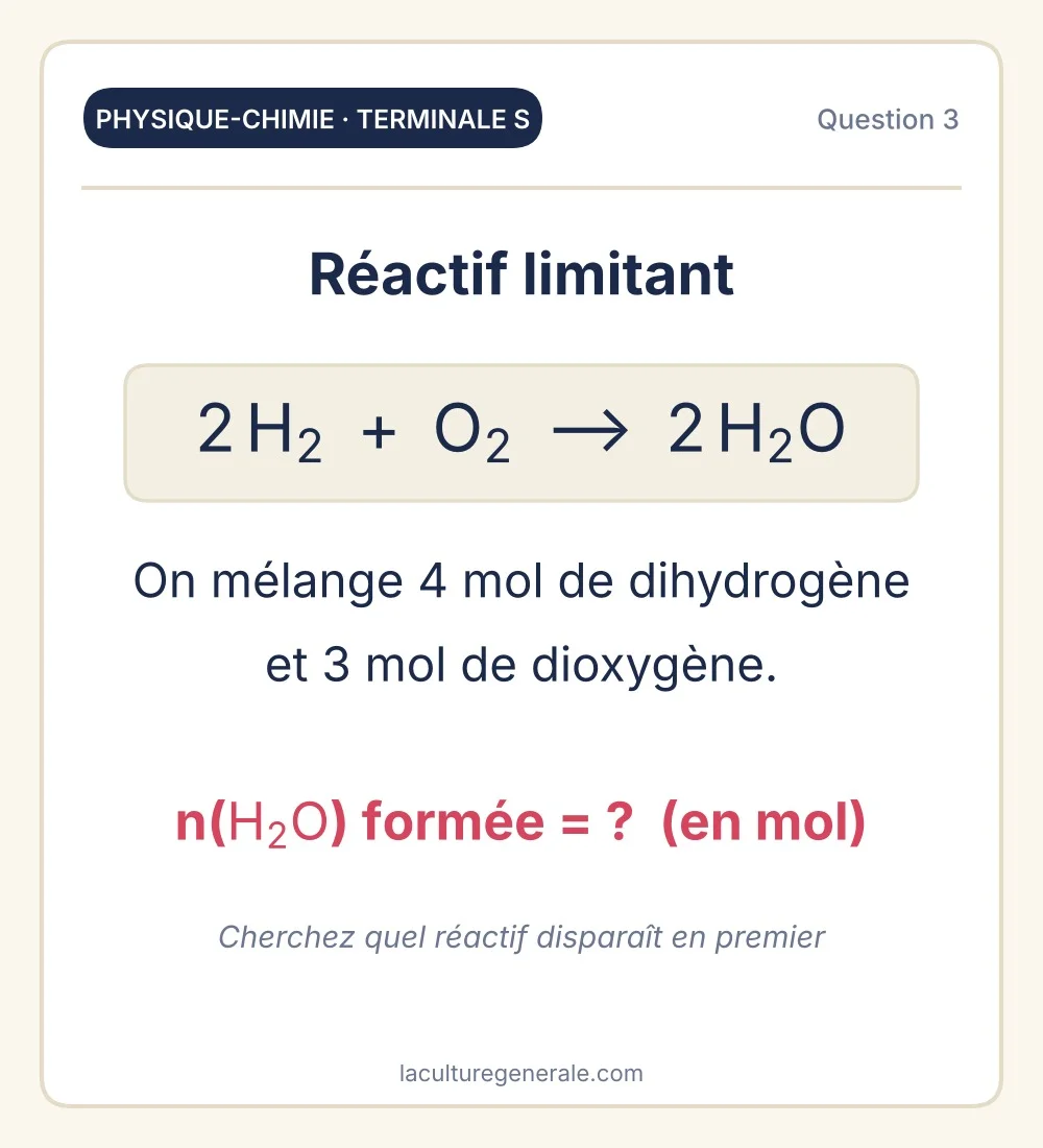 R&eacute;action 2 H2 + O2 donne 2 H2O avec 4 mol de H2 et 3 mol de O2
