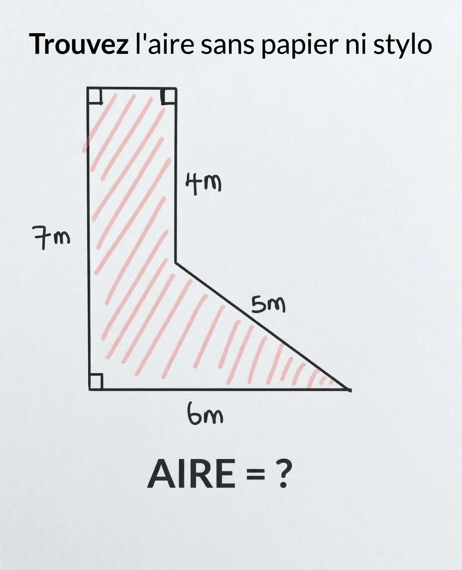 Aire d’une figure hachurée de 7 m, 4 m, 5 m et 6 m